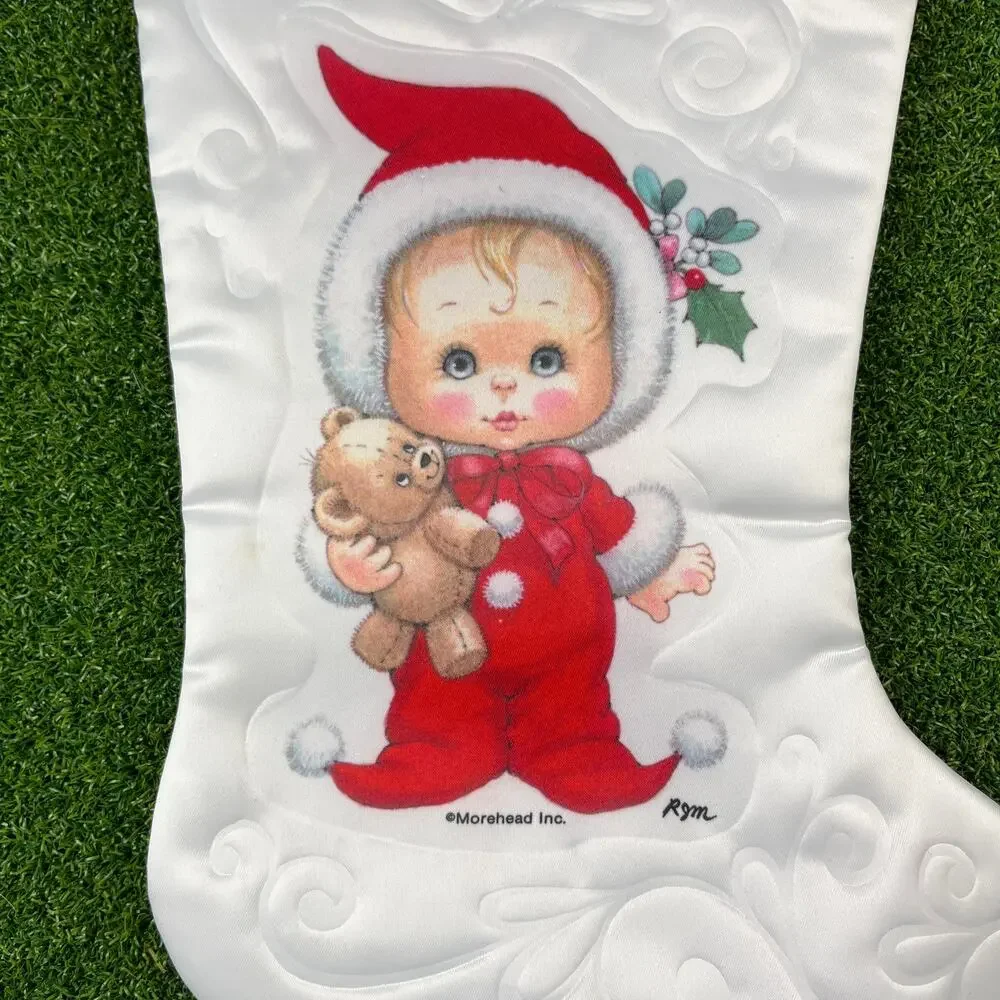 Vintage Morehead Holly Babes Baby's First Christmas White Stocking Lace Trim